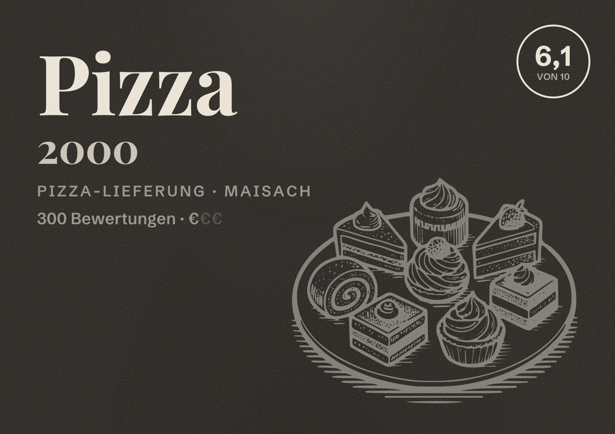 Illustriertes Poster von Pizza 2000, Pizza-Lieferung in Maisach: Bewertung 6,1 von 10 aus 300 Bewertungen, Preisniveau €