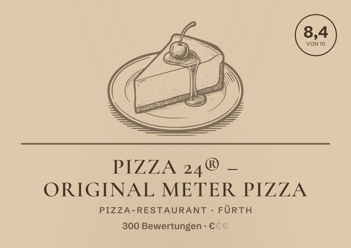 Illustriertes Poster von Pizza 24® – Original Meter Pizza, Pizza-Restaurant in Fürth: Bewertung 8,4 von 10 aus 300 Bewertungen, Preisniveau €