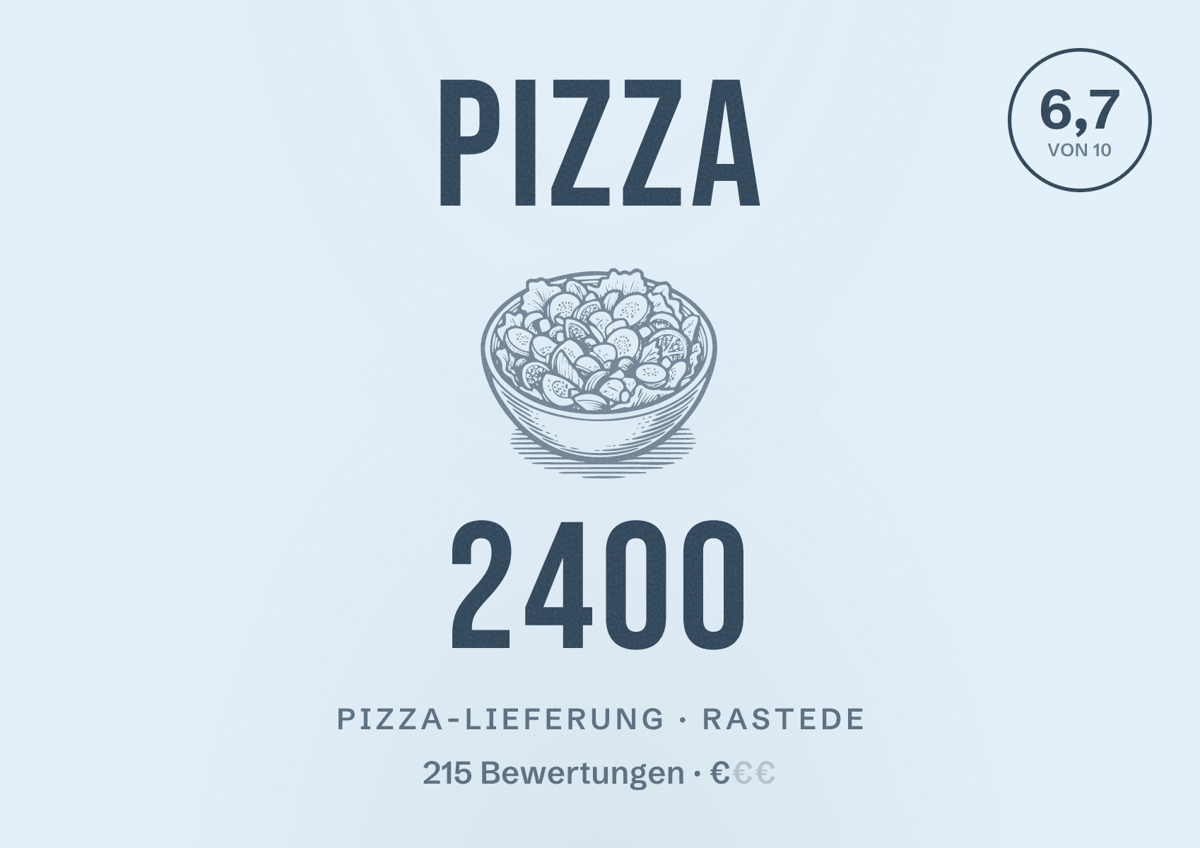 Illustriertes Poster von Pizza 2400, Pizza-Lieferung in Rastede: Bewertung 6,7 von 10 aus 215 Bewertungen, Preisniveau €