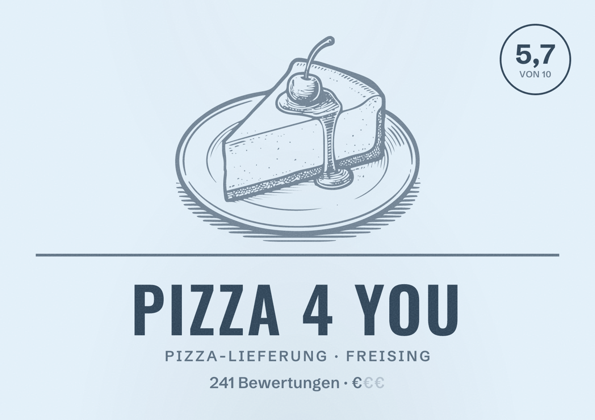 Illustriertes Poster von Pizza 4 You, Pizza-Lieferung in Freising: Bewertung 5,7 von 10 aus 241 Bewertungen, Preisniveau €