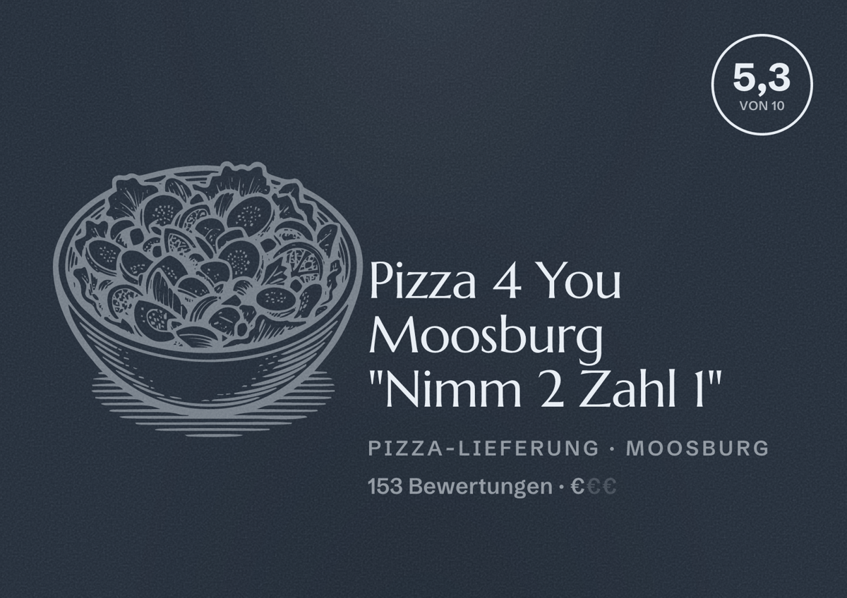 Illustriertes Poster von Pizza 4 You Moosburg "Nimm 2 Zahl 1", Pizza-Lieferung in Moosburg: Bewertung 5,3 von 10 aus 153 Bewertungen, Preisniveau €