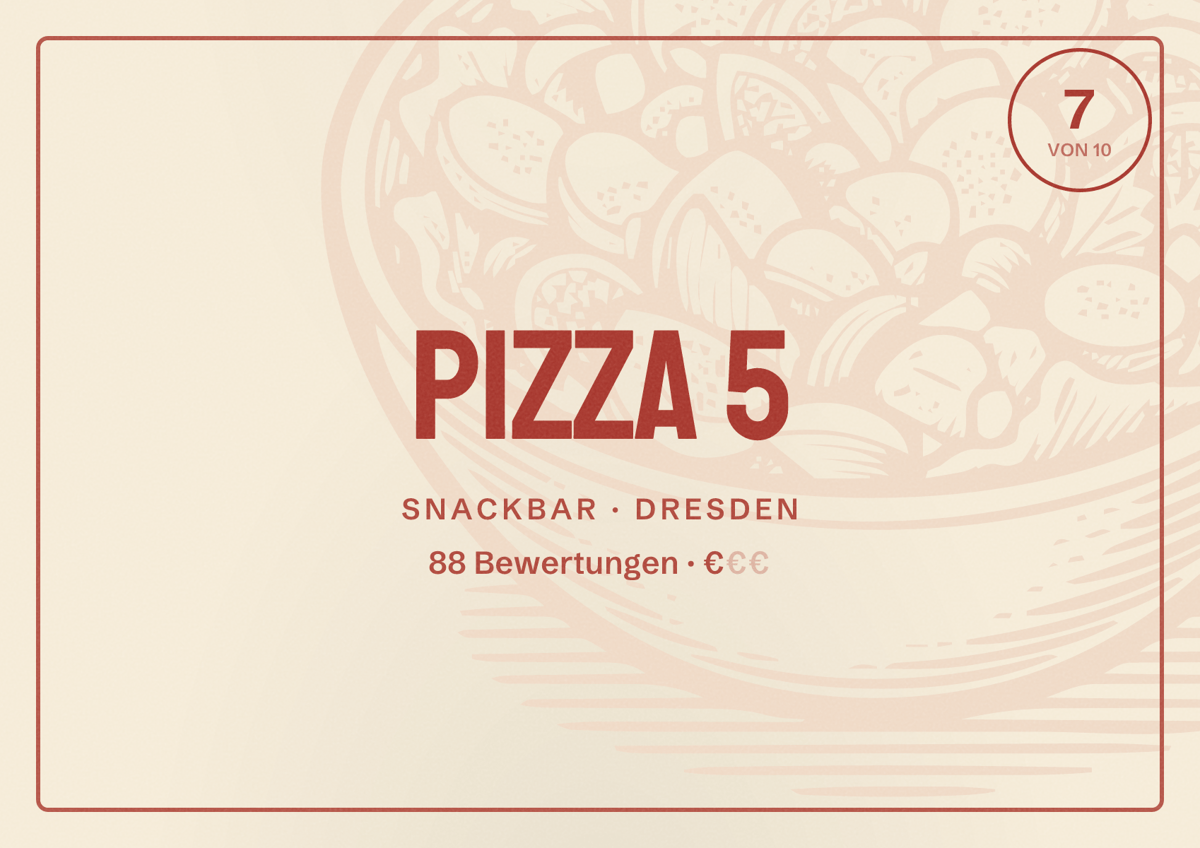 Illustriertes Poster von Pizza 5, Snackbar in Dresden: Bewertung 7 von 10 aus 88 Bewertungen, Preisniveau €