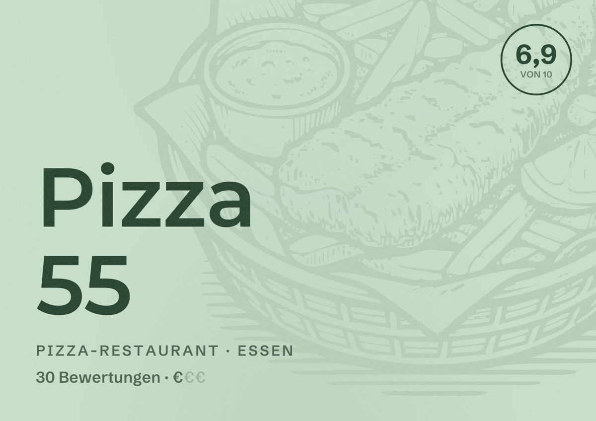 Illustriertes Poster von Pizza 55, Pizza-Restaurant in Essen: Bewertung 6,9 von 10 aus 30 Bewertungen, Preisniveau €