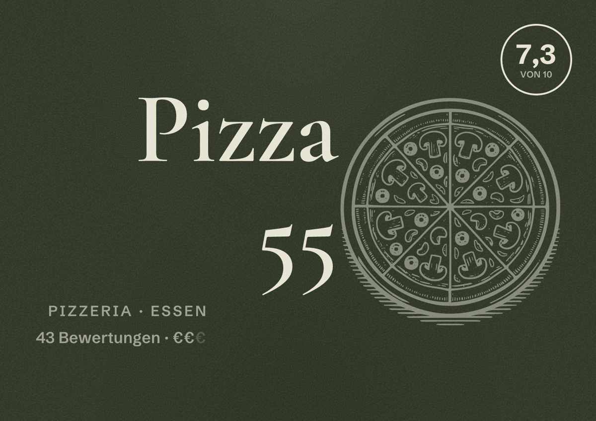 Illustriertes Poster von Pizza 55, Pizzeria in Essen: Bewertung 7,3 von 10 aus 43 Bewertungen, Preisniveau €€