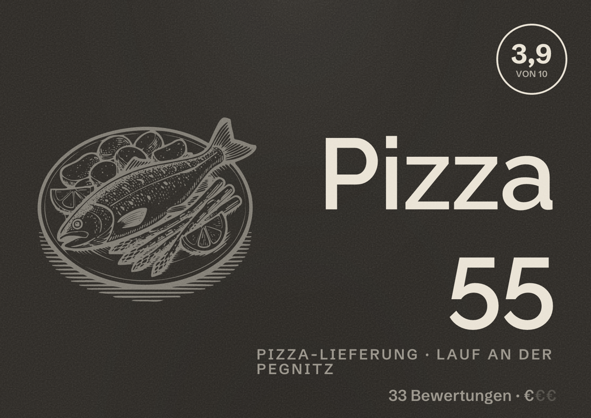 Illustriertes Poster von Pizza 55, Pizza-Lieferung in Lauf an der Pegnitz: Bewertung 3,9 von 10 aus 33 Bewertungen, Preisniveau €