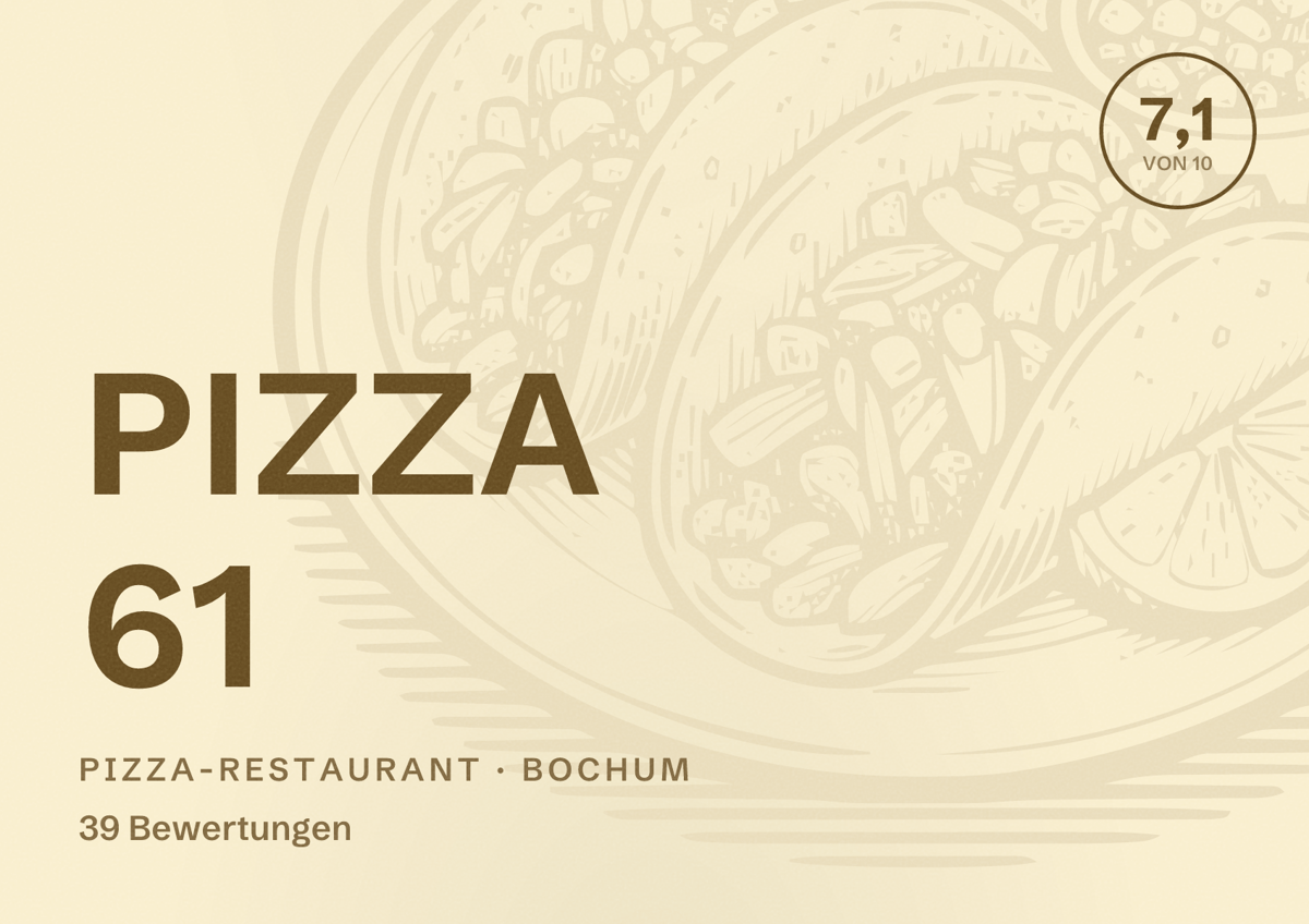 Illustriertes Poster von PIZZA 61, Pizza-Restaurant in Bochum: Bewertung 7,1 von 10 aus 39 Bewertungen