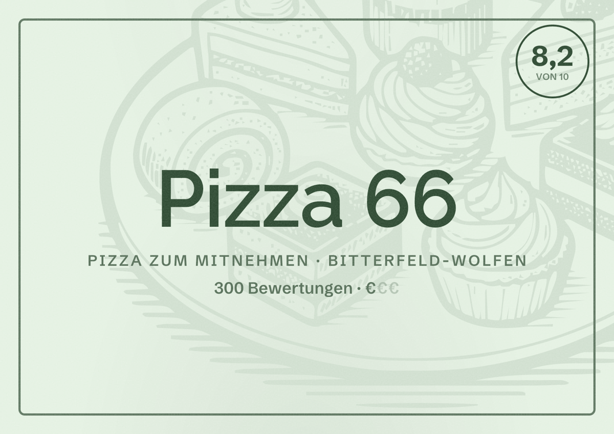 Illustriertes Poster von Pizza 66, Pizza zum Mitnehmen in Bitterfeld-Wolfen: Bewertung 8,2 von 10 aus 300 Bewertungen, Preisniveau €