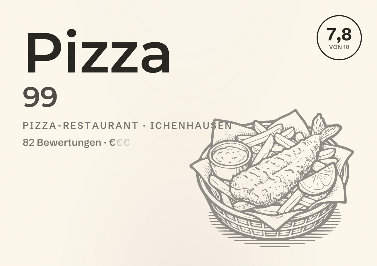 Illustriertes Poster von Pizza 99, Pizza-Restaurant in Ichenhausen: Bewertung 7,8 von 10 aus 82 Bewertungen, Preisniveau €