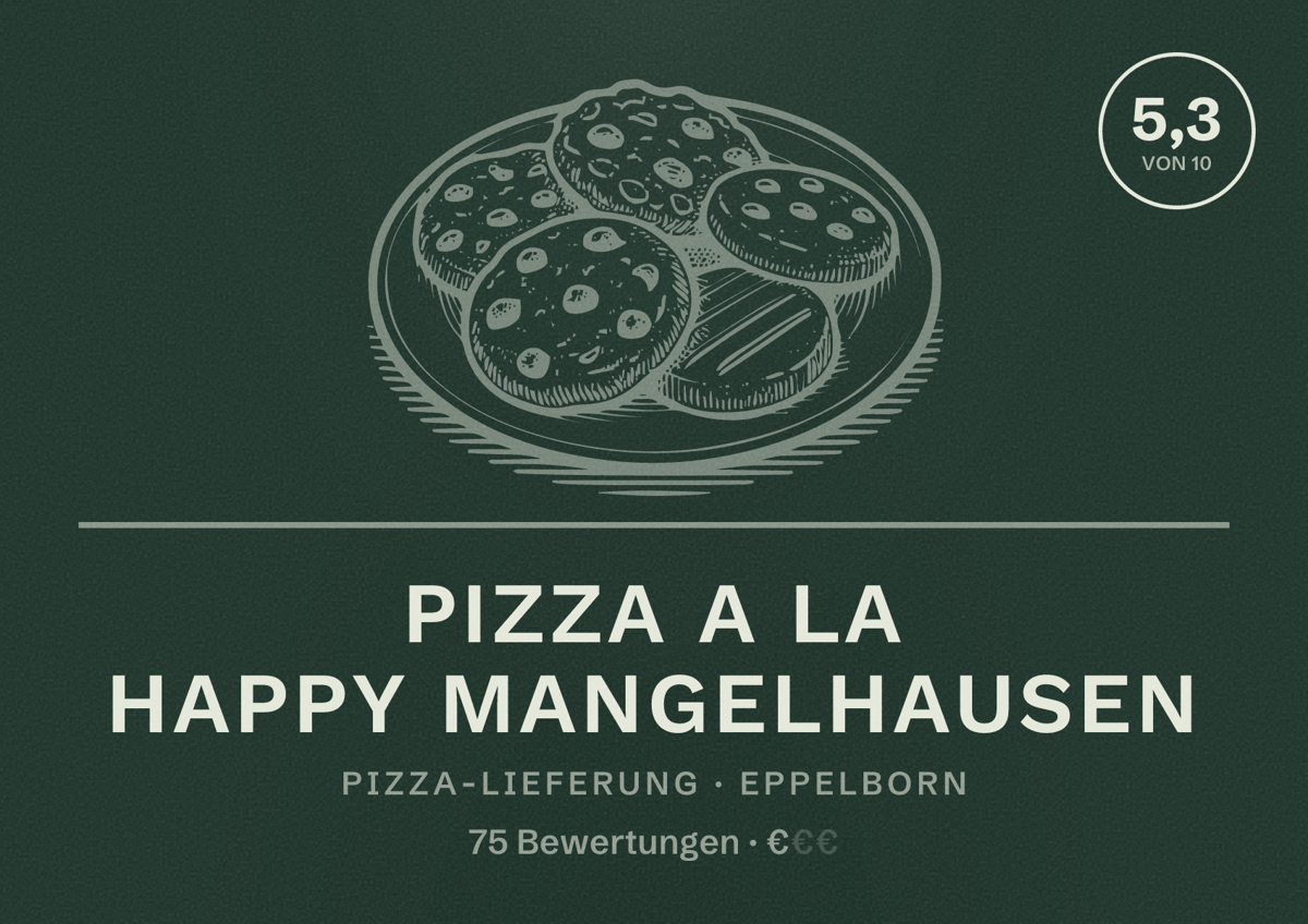 Illustriertes Poster von Pizza A la Happy Mangelhausen, Pizza-Lieferung in Eppelborn: Bewertung 5,3 von 10 aus 75 Bewertungen, Preisniveau €