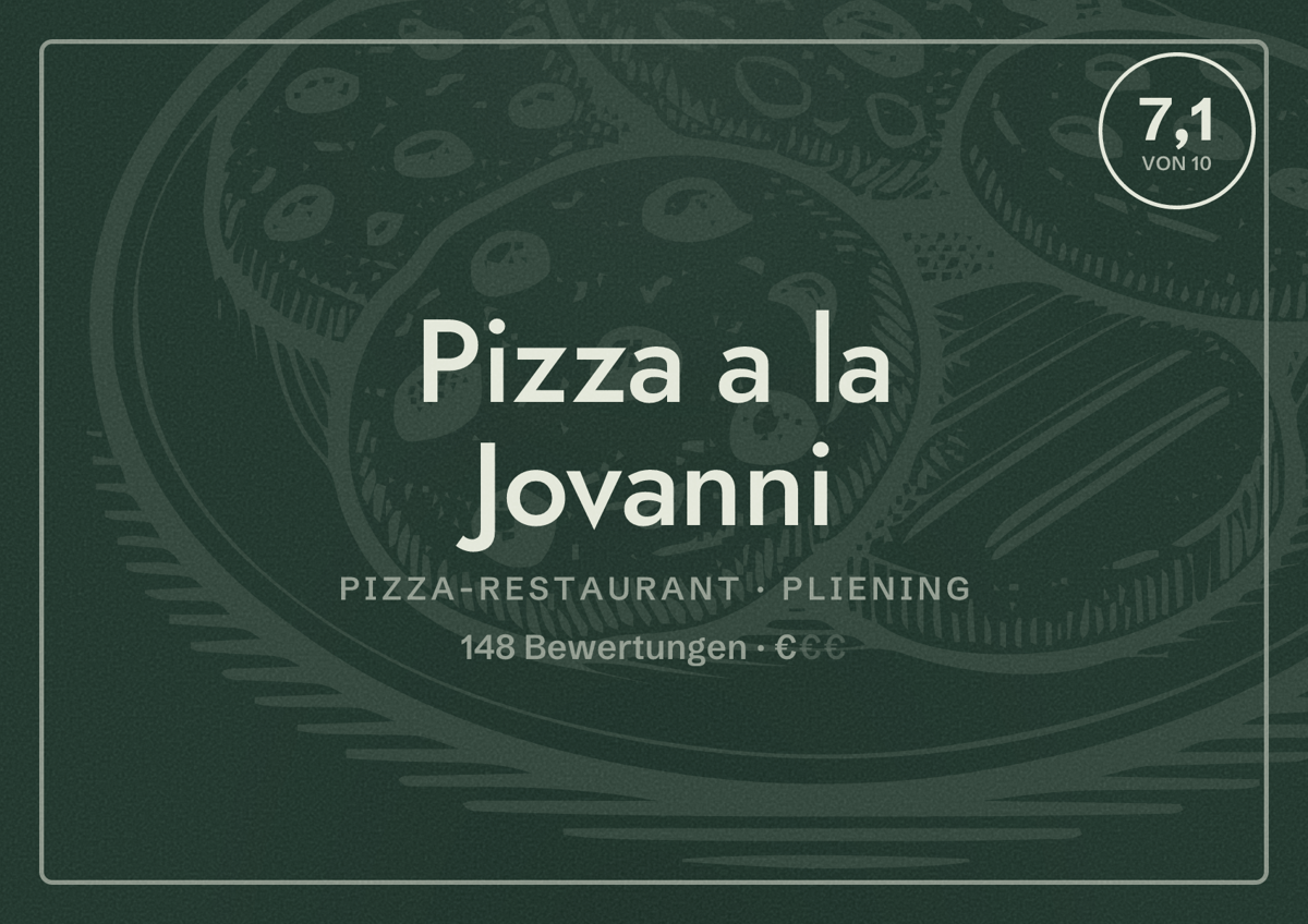 Illustriertes Poster von Pizza a la Jovanni, Pizza-Restaurant in Pliening: Bewertung 7,1 von 10 aus 148 Bewertungen, Preisniveau €