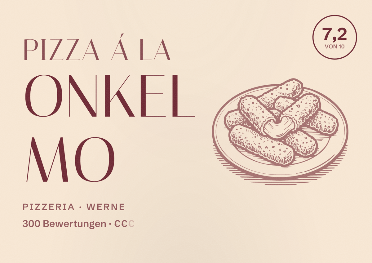 Illustriertes Poster von Pizza á la Onkel Mo, Pizzeria in Werne: Bewertung 7,2 von 10 aus 300 Bewertungen, Preisniveau €€