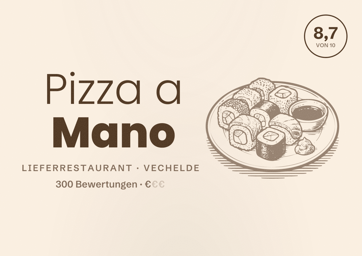 Illustriertes Poster von Pizza a Mano, Lieferrestaurant in Vechelde: Bewertung 8,7 von 10 aus 300 Bewertungen, Preisniveau €