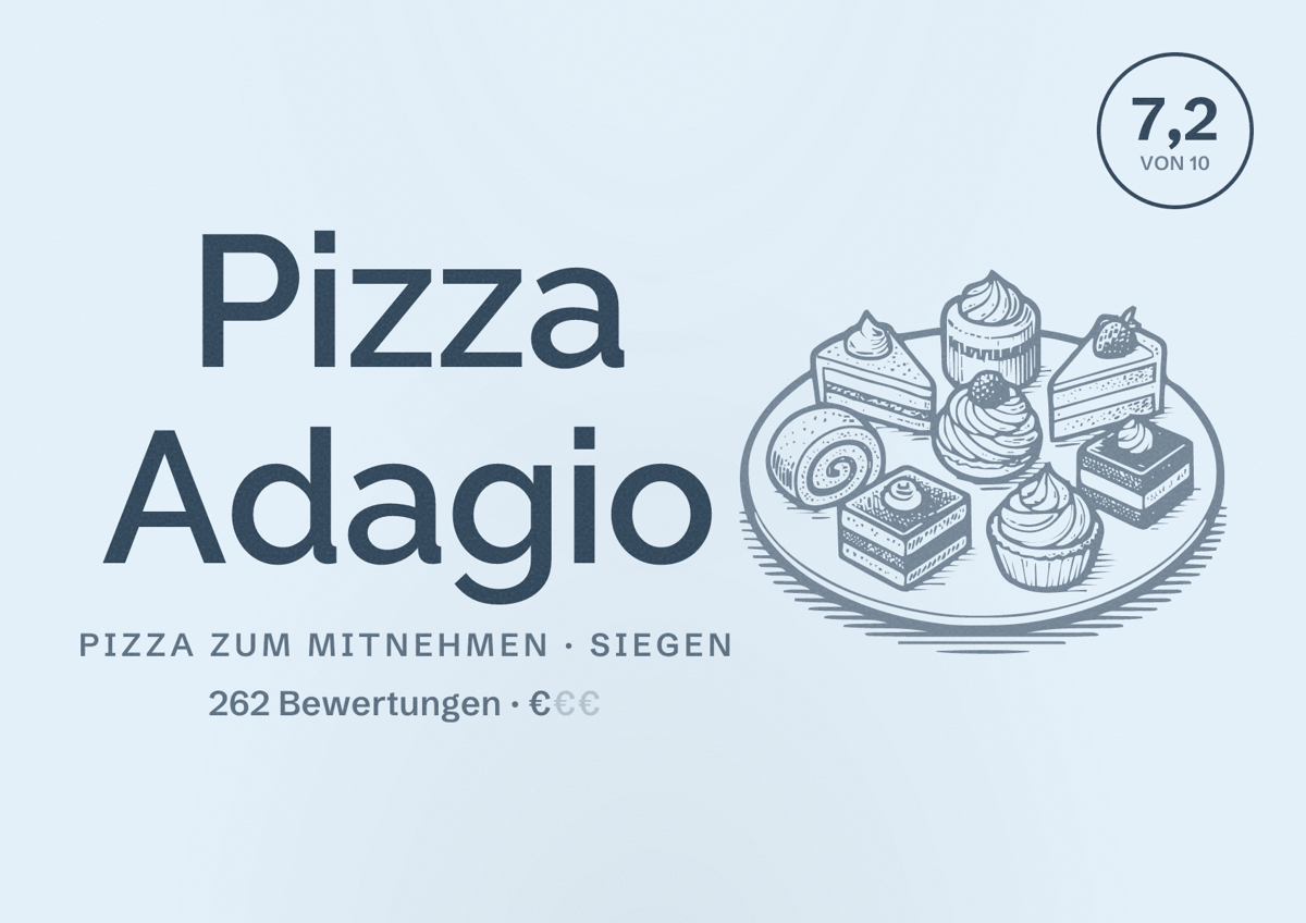Illustriertes Poster von Pizza Adagio, Pizza zum Mitnehmen in Siegen: Bewertung 7,2 von 10 aus 262 Bewertungen, Preisniveau €