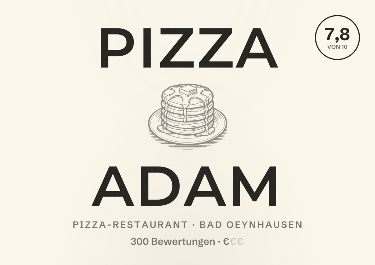 Illustriertes Poster von Pizza Adam, Pizza-Restaurant in Bad Oeynhausen: Bewertung 7,8 von 10 aus 300 Bewertungen, Preisniveau €
