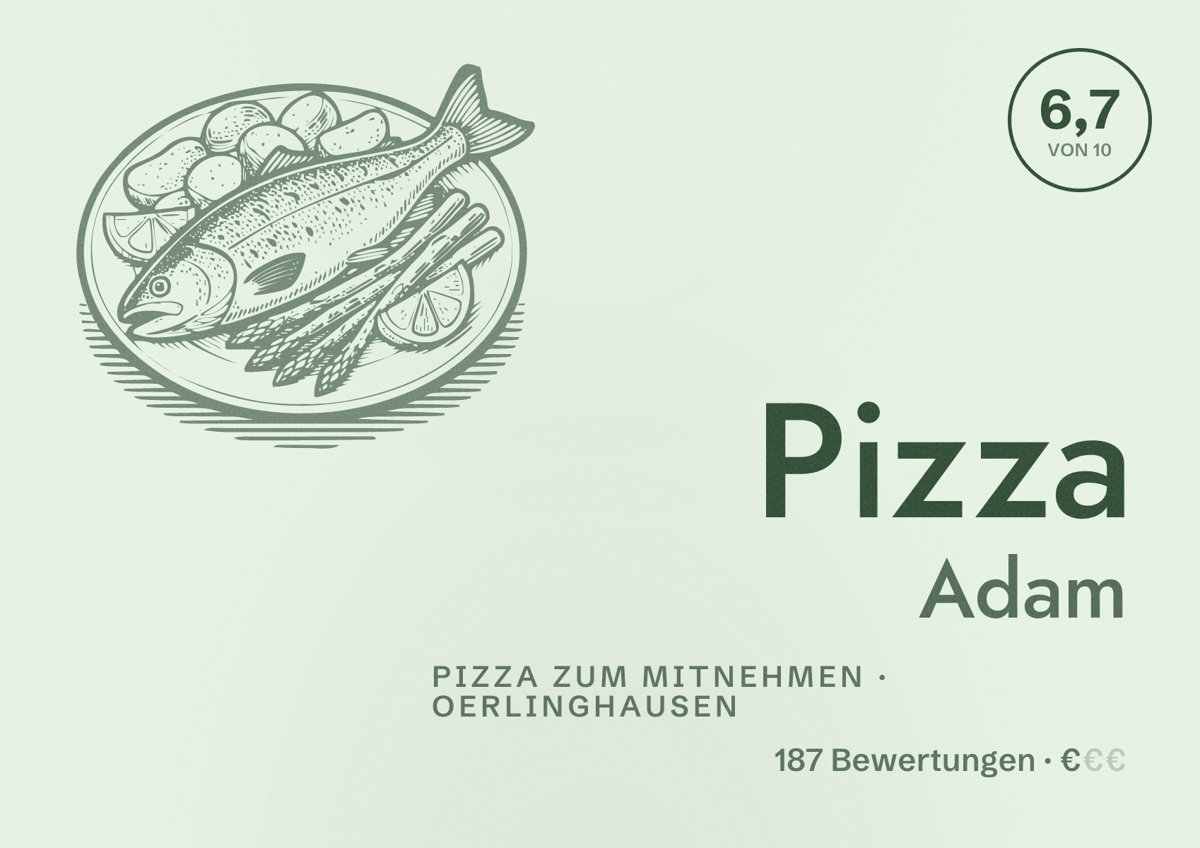 Illustriertes Poster von Pizza Adam, Pizza zum Mitnehmen in Oerlinghausen: Bewertung 6,7 von 10 aus 187 Bewertungen, Preisniveau €