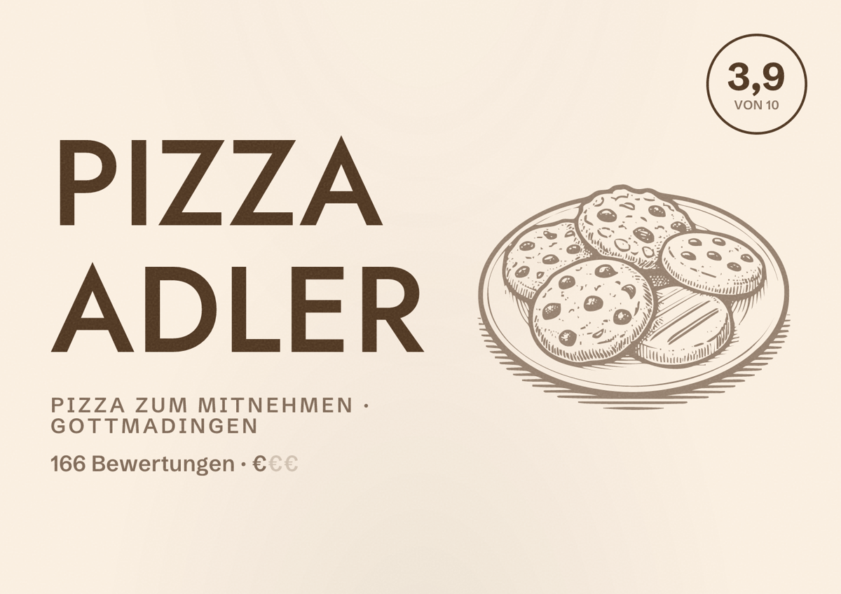 Illustriertes Poster von Pizza Adler, Pizza zum Mitnehmen in Gottmadingen: Bewertung 3,9 von 10 aus 166 Bewertungen, Preisniveau €