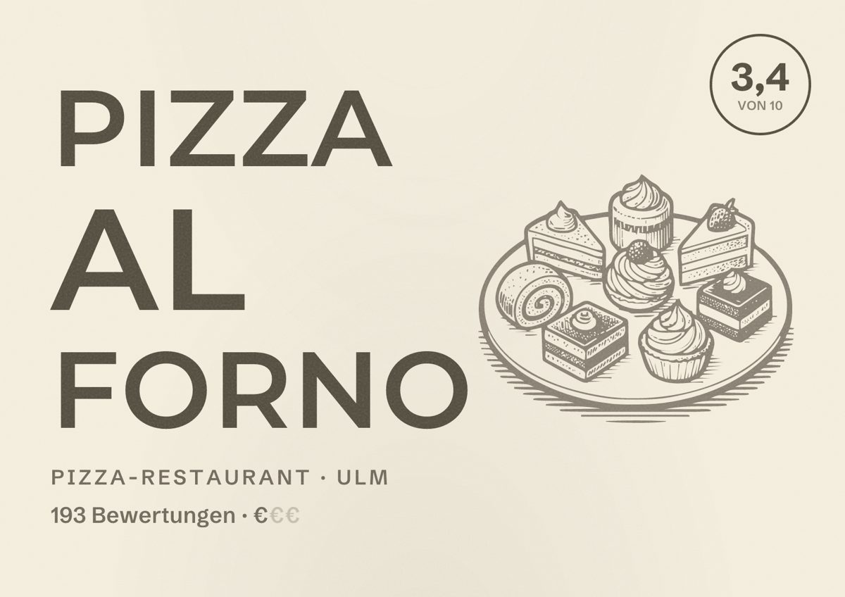 Illustriertes Poster von Pizza Al Forno, Pizza-Restaurant in Ulm: Bewertung 3,4 von 10 aus 193 Bewertungen, Preisniveau €