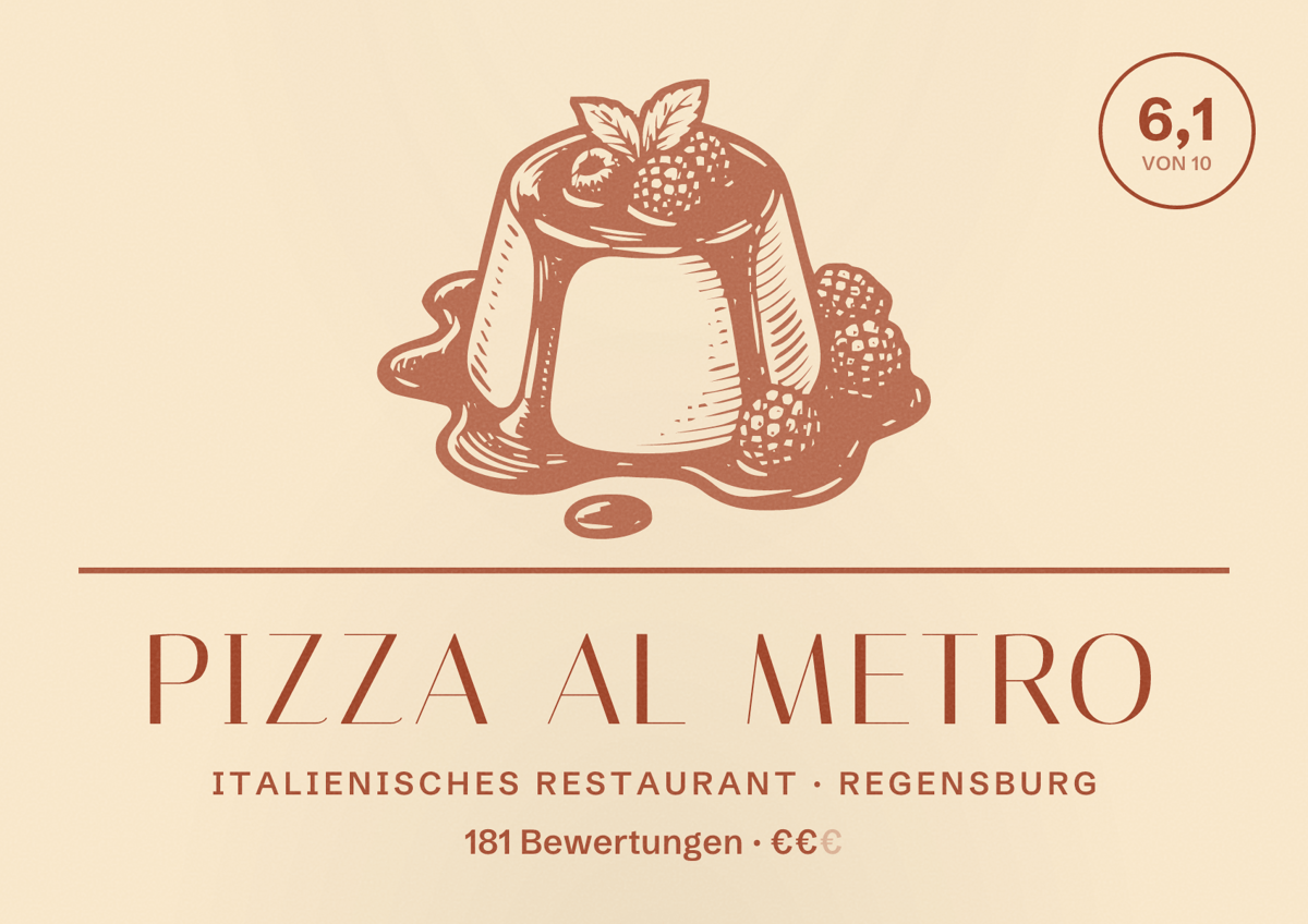 Illustriertes Poster von Pizza Al Metro, Italienisches Restaurant in Regensburg: Bewertung 6,1 von 10 aus 181 Bewertungen, Preisniveau €€
