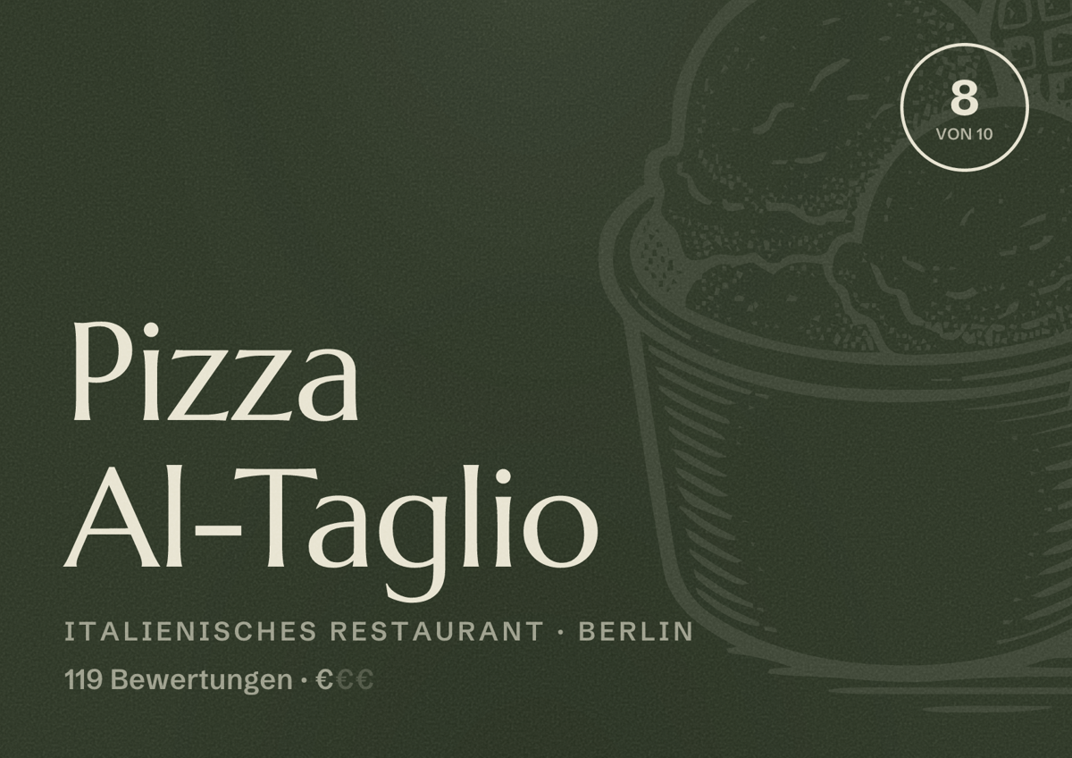 Illustriertes Poster von Pizza Al-Taglio, Italienisches Restaurant in Berlin: Bewertung 8,0 von 10 aus 119 Bewertungen, Preisniveau €