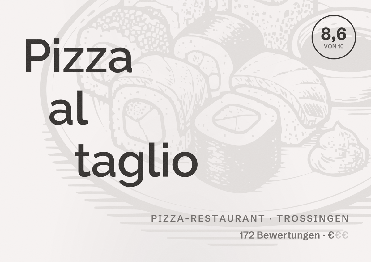 Illustriertes Poster von Pizza al taglio, Pizza-Restaurant in Trossingen: Bewertung 8,6 von 10 aus 172 Bewertungen, Preisniveau €
