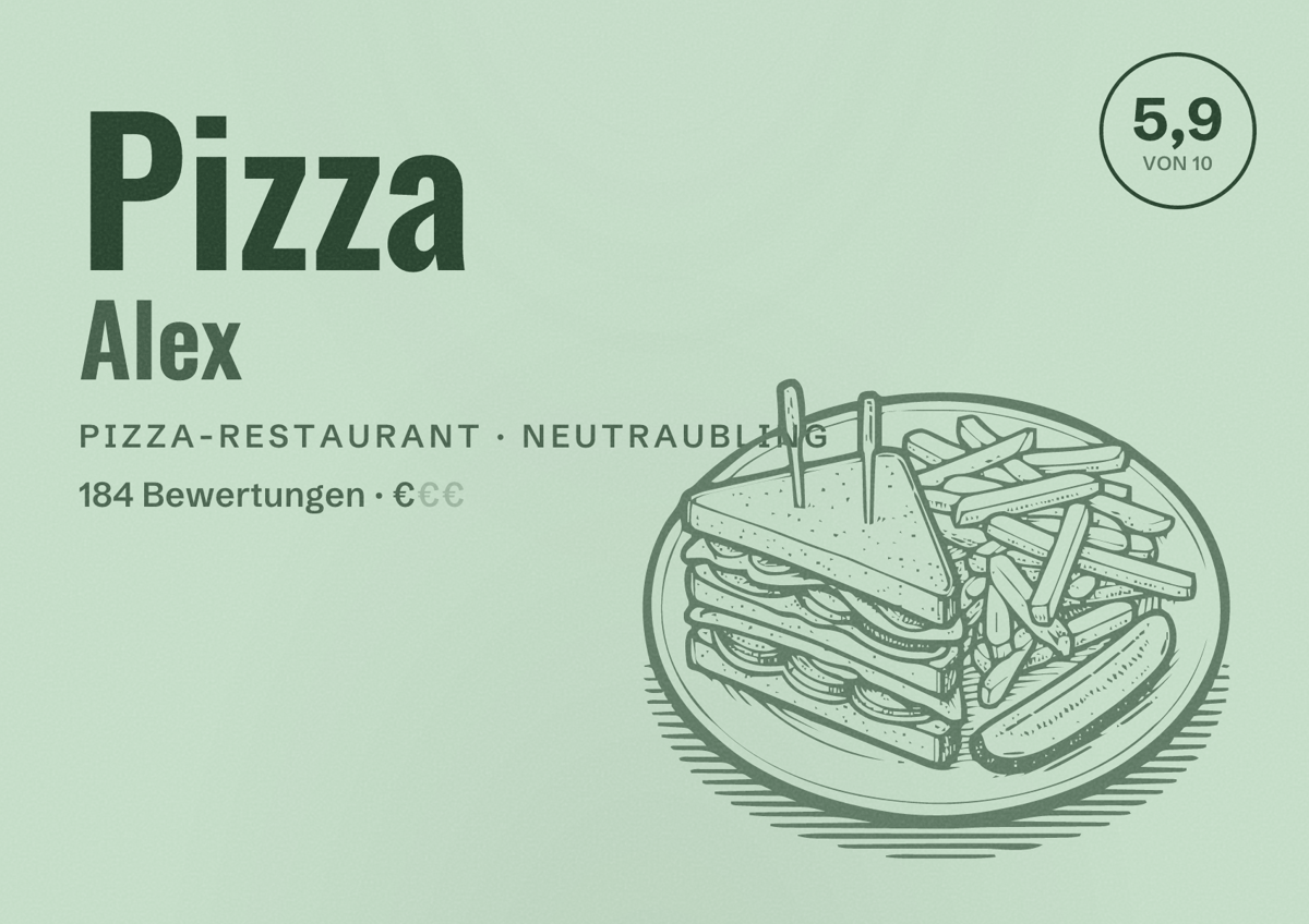 Illustriertes Poster von Pizza Alex, Pizza-Restaurant in Neutraubling: Bewertung 5,9 von 10 aus 184 Bewertungen, Preisniveau €