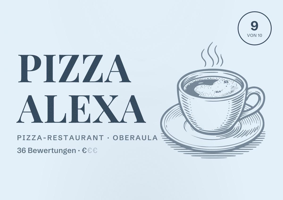 Illustriertes Poster von Pizza Alexa, Pizza-Restaurant in Oberaula: Bewertung 9 von 10 aus 36 Bewertungen, Preisniveau €