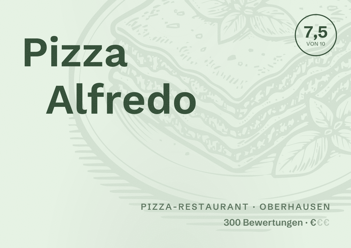 Illustriertes Poster von Pizza Alfredo, Pizza-Restaurant in Oberhausen: Bewertung 7,5 von 10 aus 300 Bewertungen, Preisniveau €
