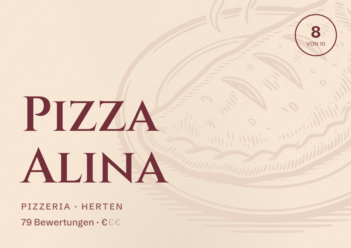 Illustriertes Poster von Pizza Alina, Pizzeria in Herten: Bewertung 8 von 10 aus 79 Bewertungen, Preisniveau €