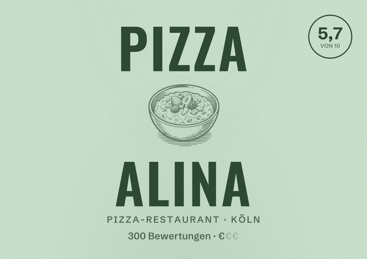 Illustriertes Poster von Pizza Alina, Pizza-Restaurant in Köln: Bewertung 5,7 von 10 aus 300 Bewertungen, Preisniveau €