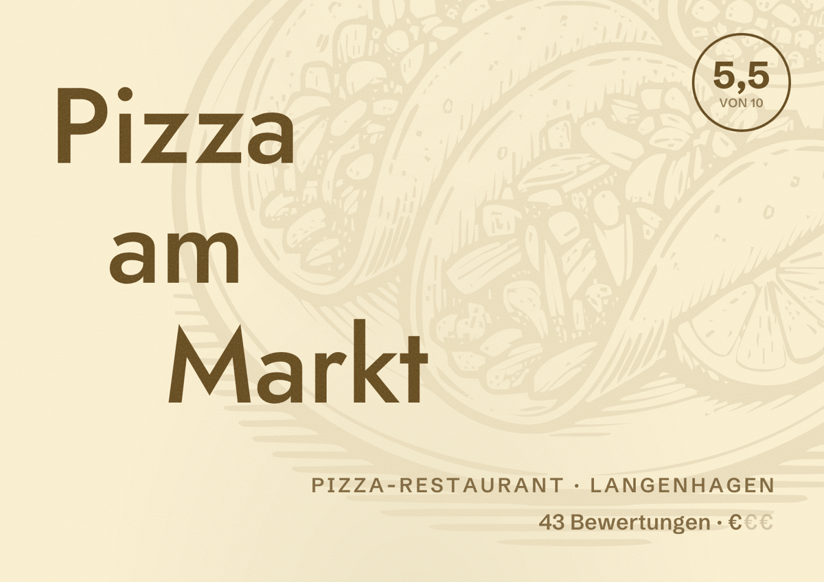 Illustriertes Poster von Pizza am Markt, Pizza-Restaurant in Langenhagen: Bewertung 5,5 von 10 aus 43 Bewertungen, Preisniveau €