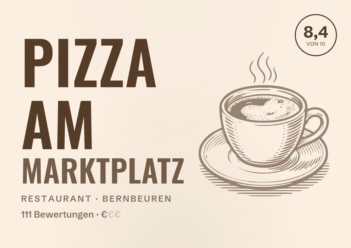 Illustriertes Poster von Pizza am Marktplatz, Restaurant in Bernbeuren: Bewertung 8,4 von 10 aus 111 Bewertungen, Preisniveau €