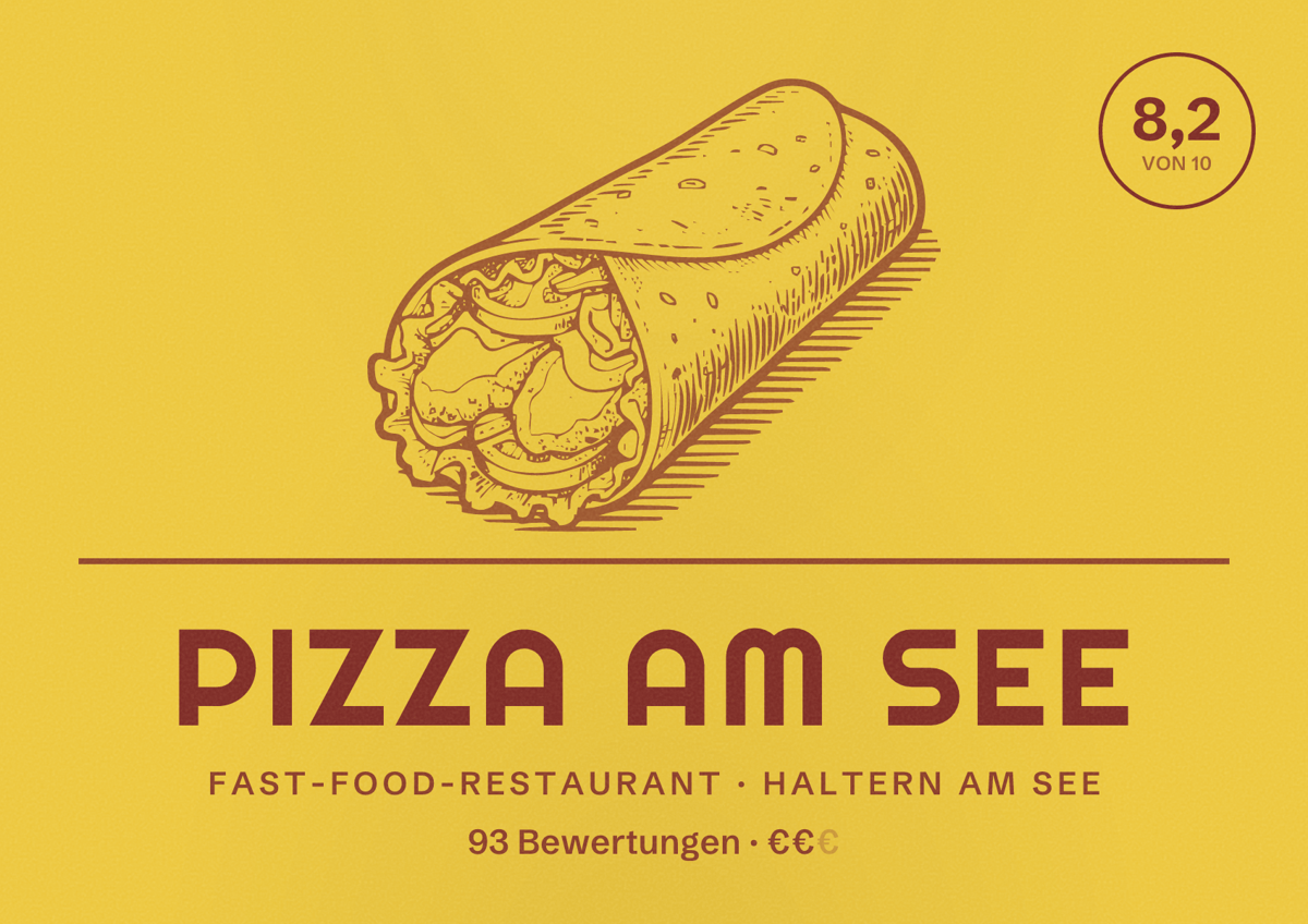 Illustriertes Poster von Pizza am See, Fast-Food-Restaurant in Haltern am See: Bewertung 8,2 von 10 aus 93 Bewertungen, Preisniveau €€