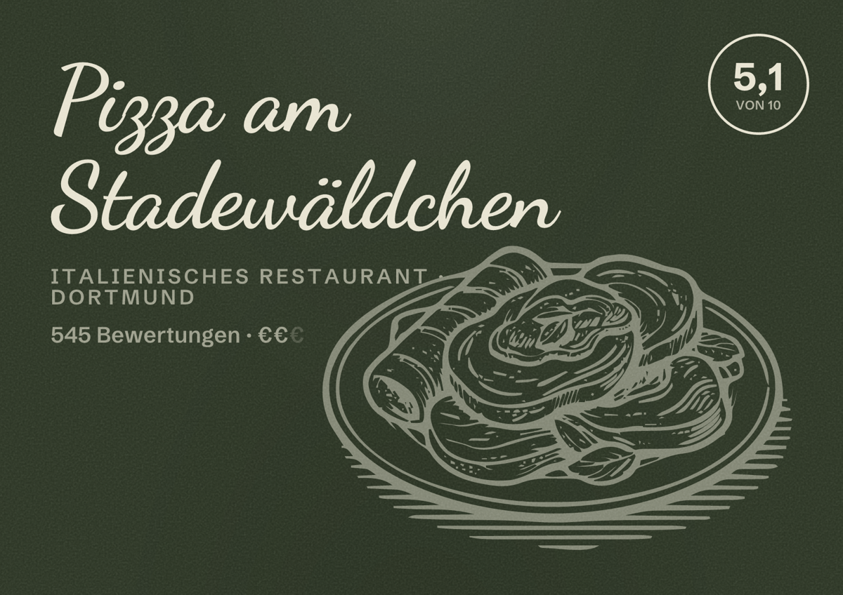 Illustriertes Poster von Pizza am Stadewäldchen, Italienisches Restaurant in Dortmund: Bewertung 5,1 von 10 aus 545 Bewertungen, Preisniveau €€