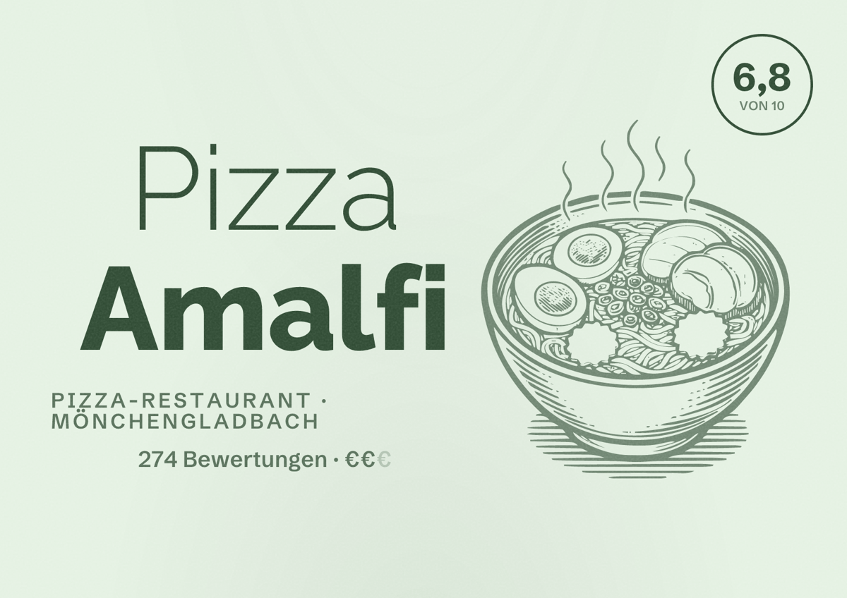 Illustriertes Poster von Pizza Amalfi, Pizza-Restaurant in Mönchengladbach: Bewertung 6,8 von 10 aus 274 Bewertungen, Preisniveau €€