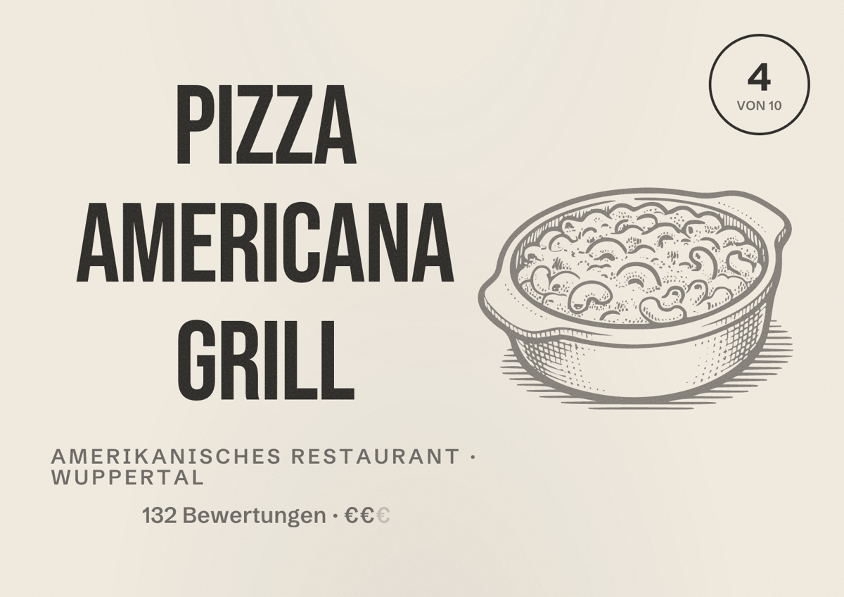 Illustriertes Poster von Pizza Americana Grill, Amerikanisches Restaurant in Wuppertal: Bewertung 4 von 10 aus 132 Bewertungen, Preisniveau €€