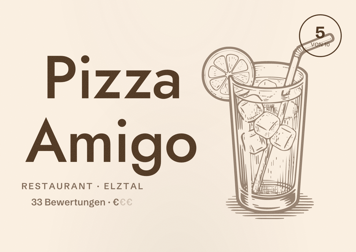 Illustriertes Poster von Pizza Amigo, Restaurant in Elztal: Bewertung 5 von 10 aus 33 Bewertungen, Preisniveau €