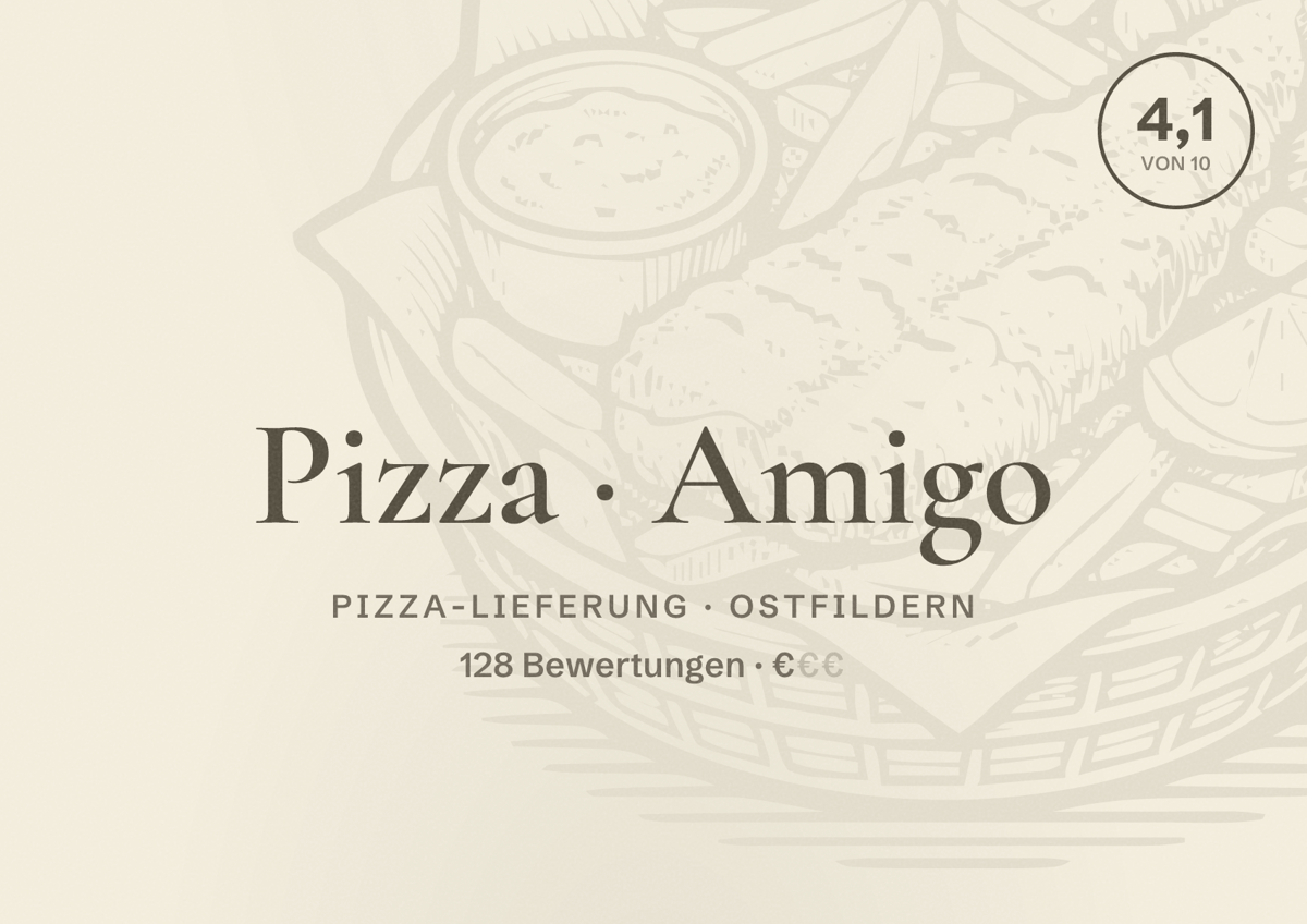 Illustriertes Poster von Pizza Amigo, Pizza-Lieferung in Ostfildern: Bewertung 4,1 von 10 aus 128 Bewertungen, Preisniveau €