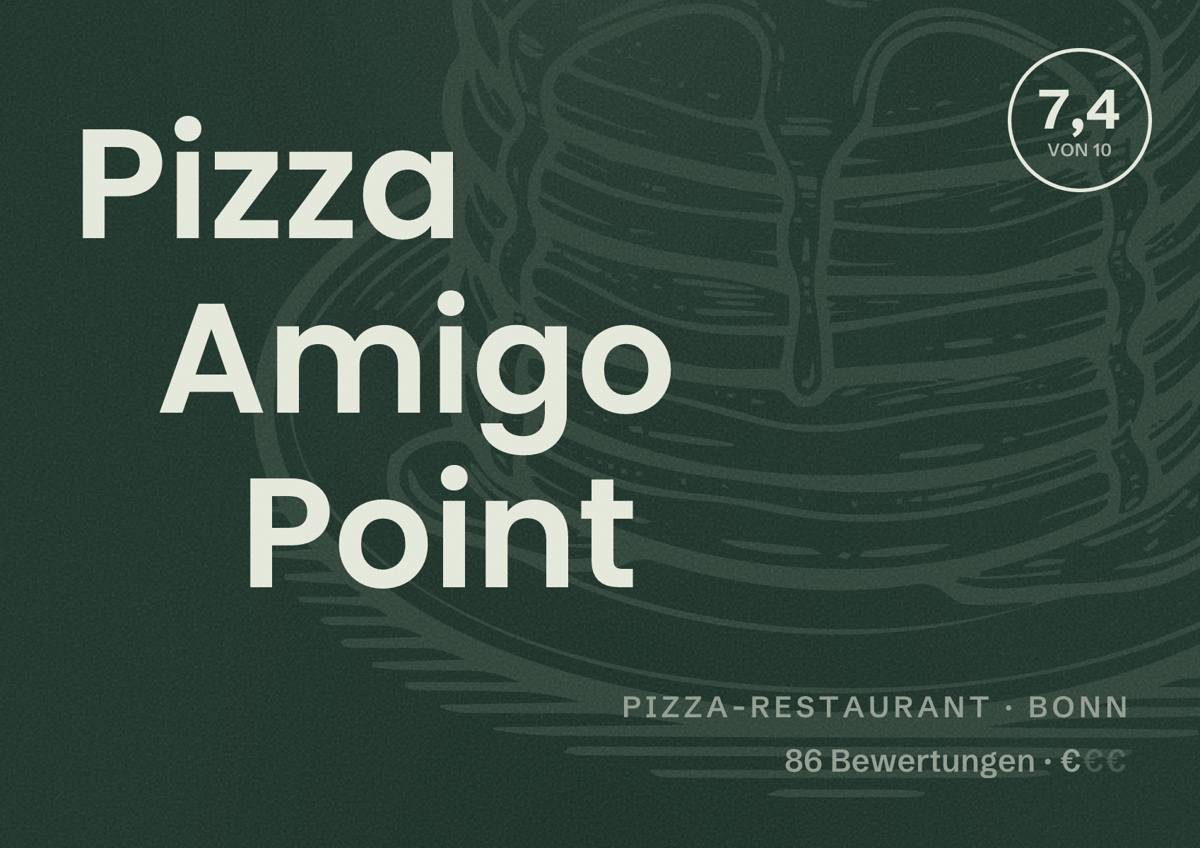 Illustriertes Poster von Pizza Amigo Point, Pizza-Restaurant in Bonn: Bewertung 7,4 von 10 aus 86 Bewertungen, Preisniveau €