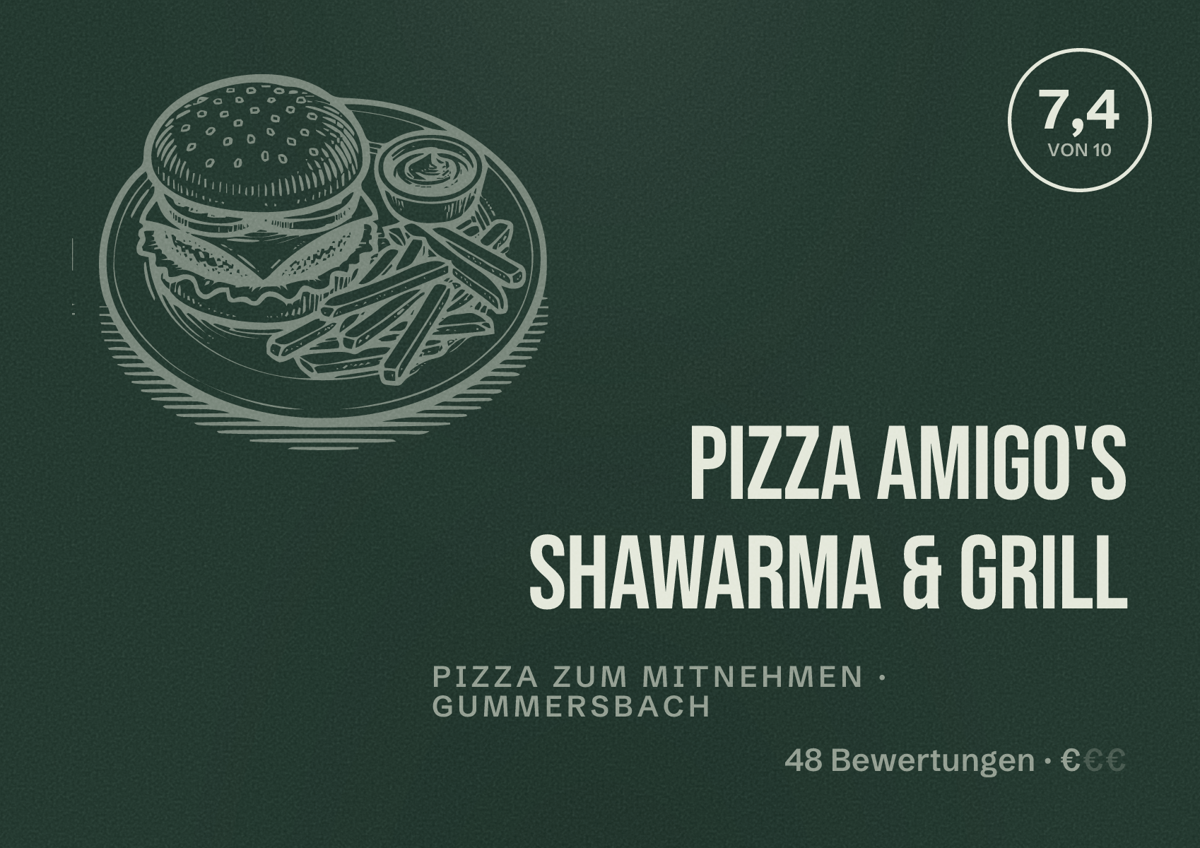 Illustriertes Poster von Pizza Amigo's Shawarma & Grill, Pizza zum Mitnehmen in Gummersbach: Bewertung 7,4 von 10 aus 48 Bewertungen, Preisniveau €
