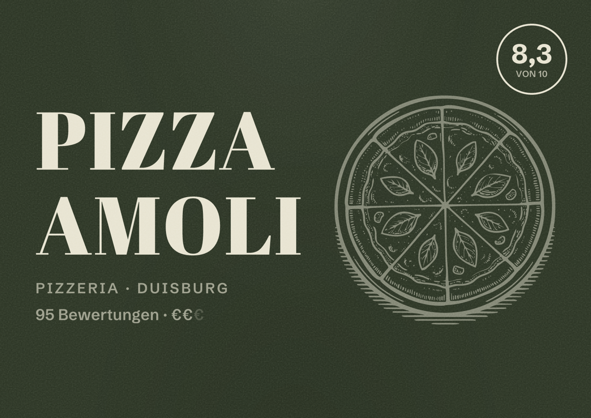 Illustriertes Poster von Pizza Amoli, Pizzeria in Duisburg: Bewertung 8,3 von 10 aus 95 Bewertungen, Preisniveau €€