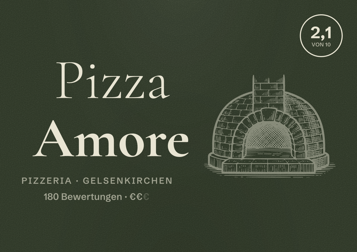 Illustriertes Poster von Pizza Amore, Pizzeria in Gelsenkirchen: Bewertung 2,1 von 10 aus 180 Bewertungen, Preisniveau €€