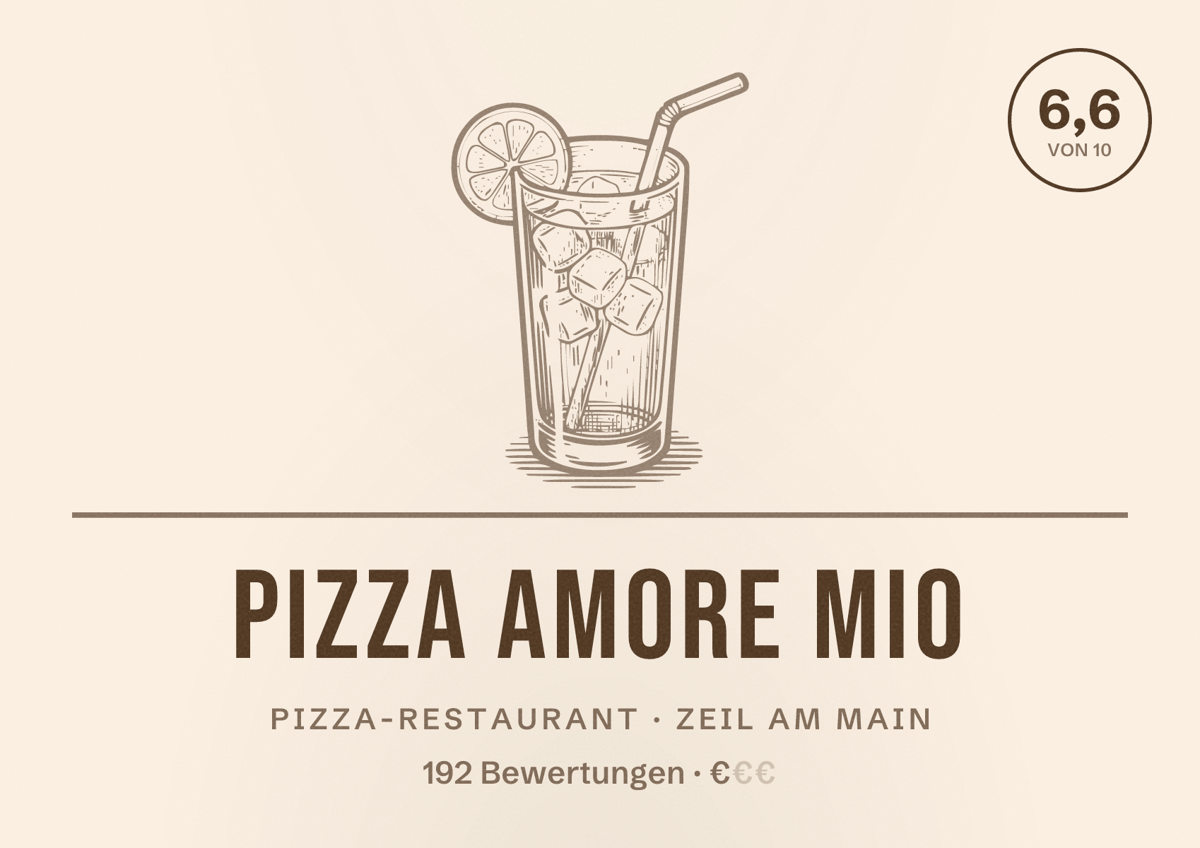 Illustriertes Poster von PIZZA Amore Mio, Pizza-Restaurant in Zeil am Main: Bewertung 6,6 von 10 aus 192 Bewertungen, Preisniveau €