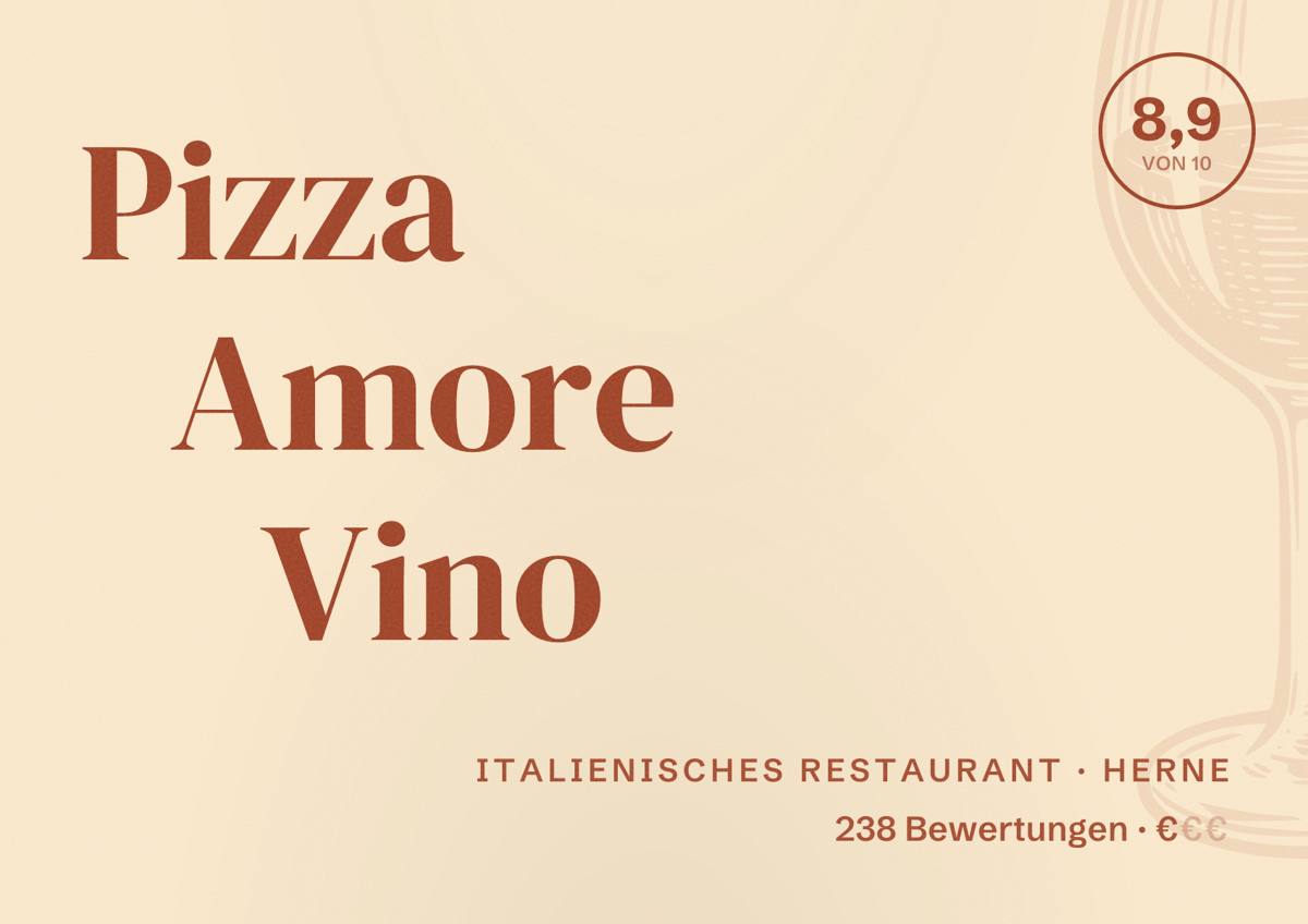 Illustriertes Poster von Pizza Amore Vino, Italienisches Restaurant in Herne: Bewertung 8,9 von 10 aus 238 Bewertungen, Preisniveau €