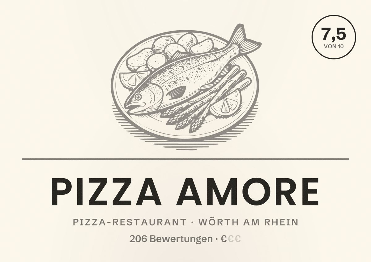 Illustriertes Poster von Pizza Amore, Pizza-Restaurant in Wörth am Rhein: Bewertung 7,5 von 10 aus 206 Bewertungen, Preisniveau €