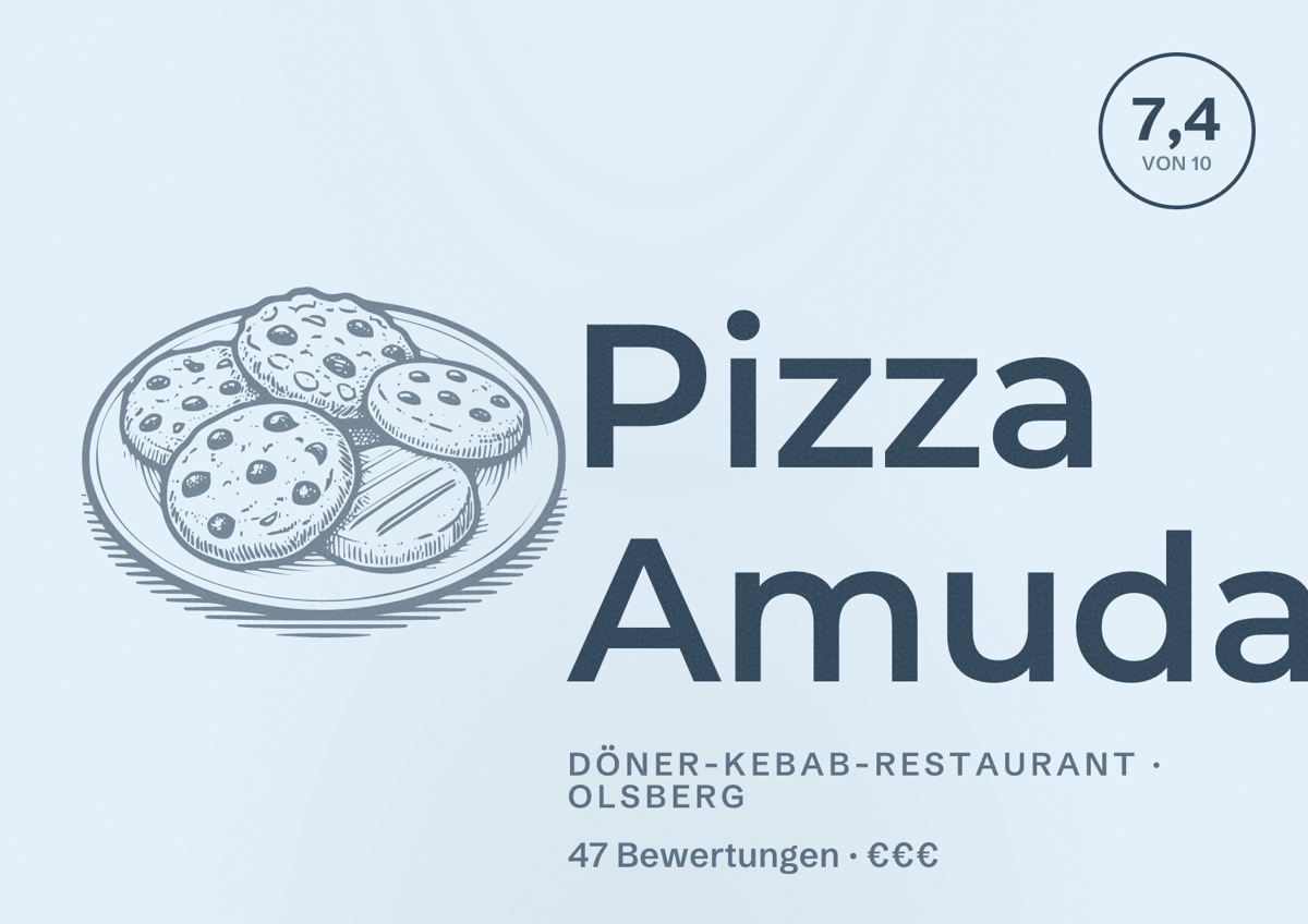 Illustriertes Poster von Pizza Amuda, Döner-Kebab-Restaurant in Olsberg: Bewertung 7,4 von 10 aus 47 Bewertungen, Preisniveau €€€