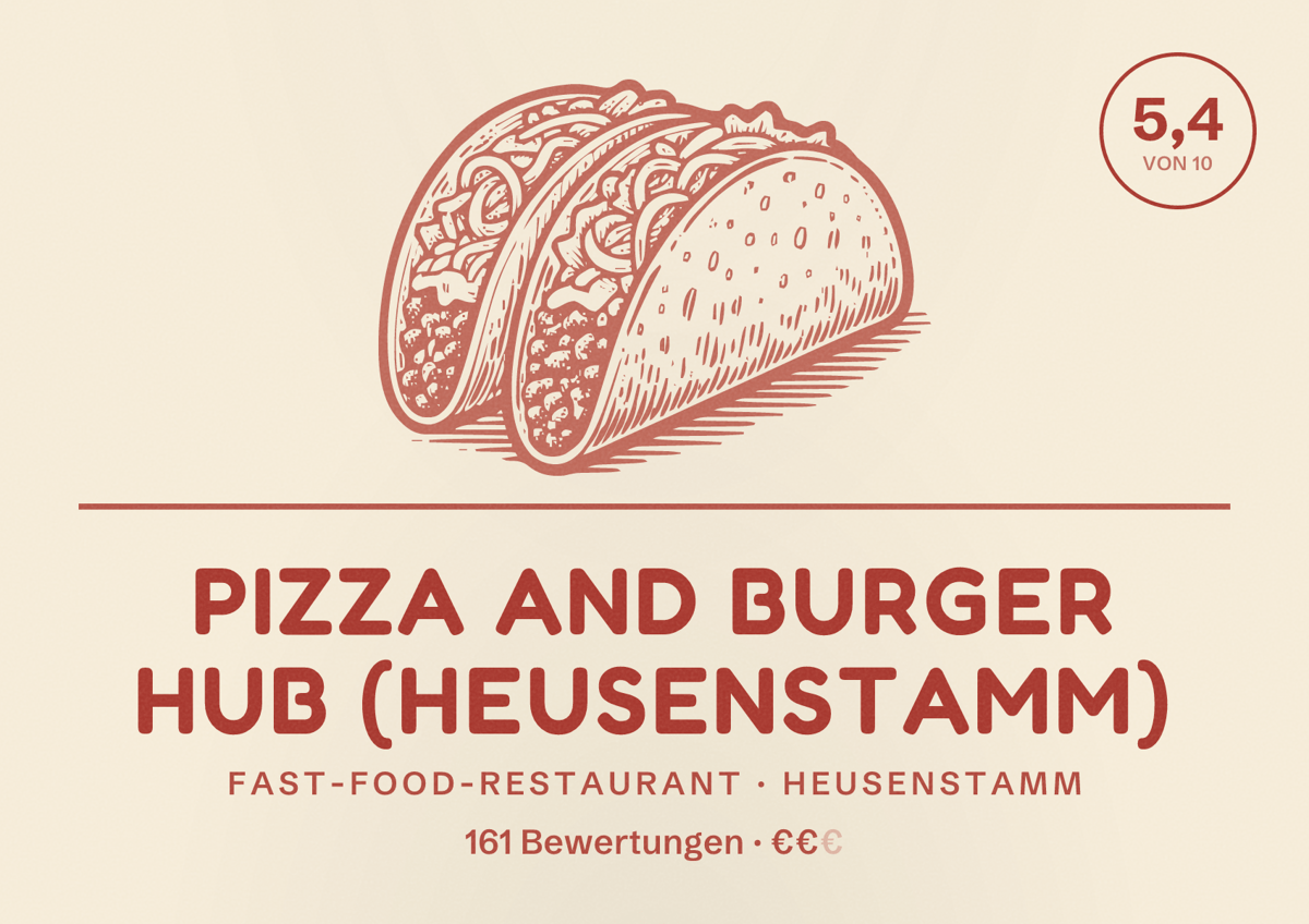 Illustriertes Poster von Pizza and Burger Hub (Heusenstamm), Fast-Food-Restaurant in Heusenstamm: Bewertung 5,4 von 10 aus 161 Bewertungen, Preisniveau €€