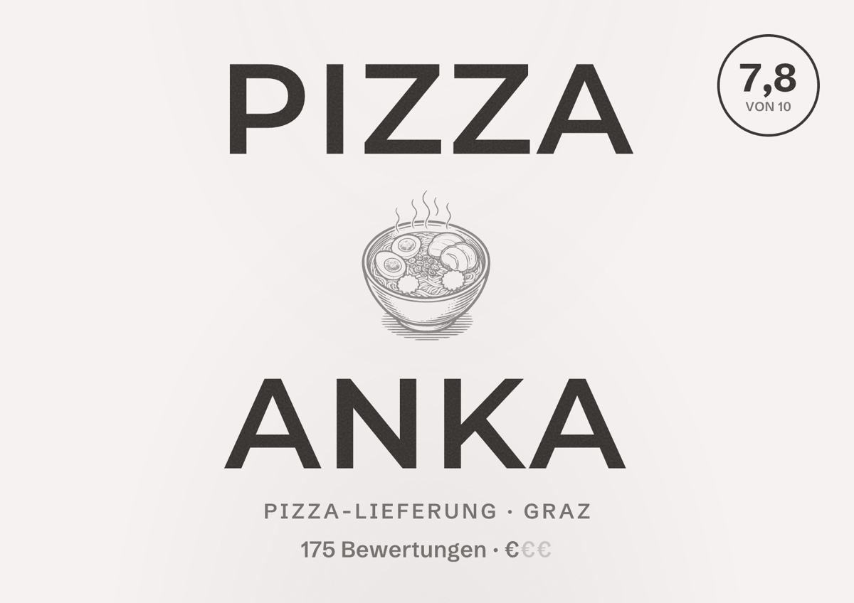 Illustriertes Poster von Pizza Anka, Pizza-Lieferung in Graz: Bewertung 7,8 von 10 aus 175 Bewertungen, Preisniveau €