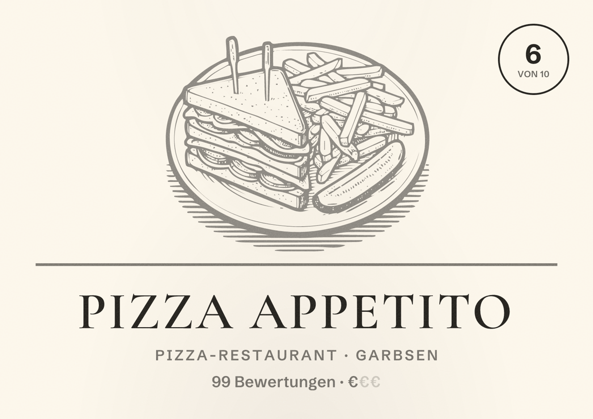 Illustriertes Poster von Pizza Appetito, Pizza-Restaurant in Garbsen: Bewertung 6 von 10 aus 99 Bewertungen, Preisniveau €