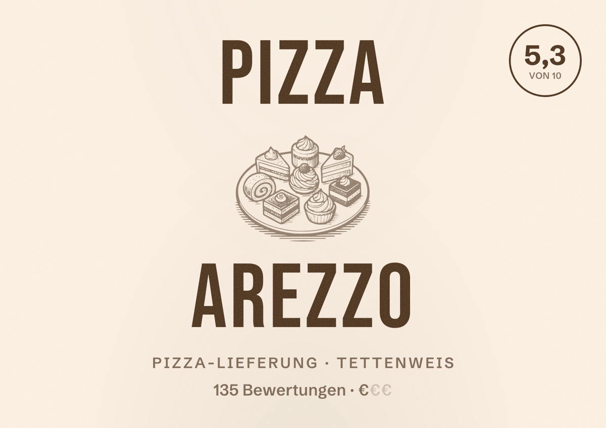 Illustriertes Poster von Pizza Arezzo, Pizza-Lieferung in Tettenweis: Bewertung 5,3 von 10 aus 135 Bewertungen, Preisniveau €
