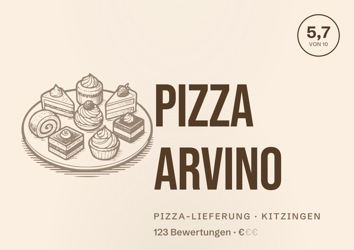 Illustriertes Poster von Pizza Arvino, Pizza-Lieferung in Kitzingen: Bewertung 5,7 von 10 aus 123 Bewertungen, Preisniveau €